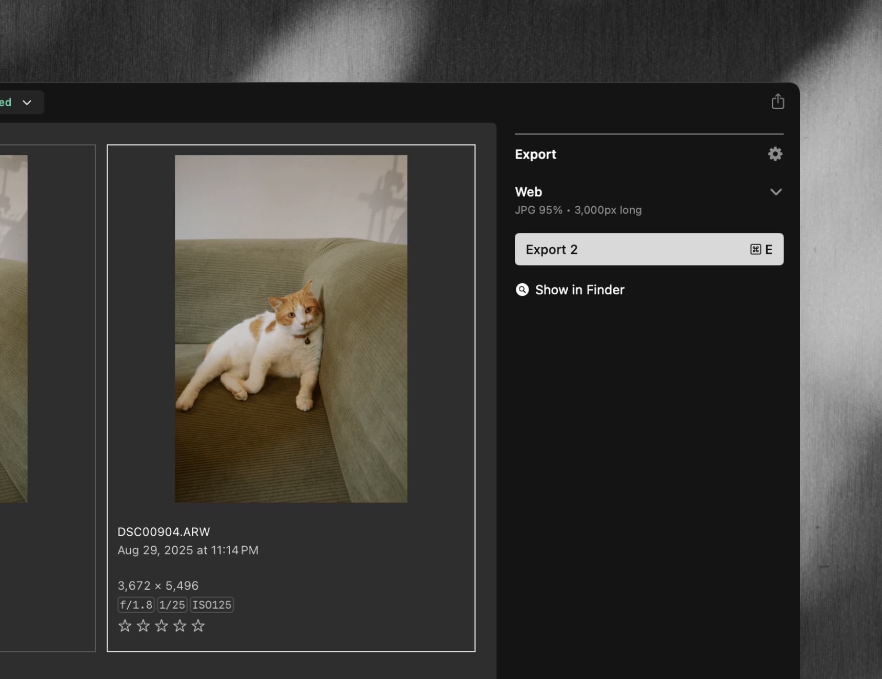 Inspector panel showing Export button with Cmd+E keyboard shortcut for exporting selected images