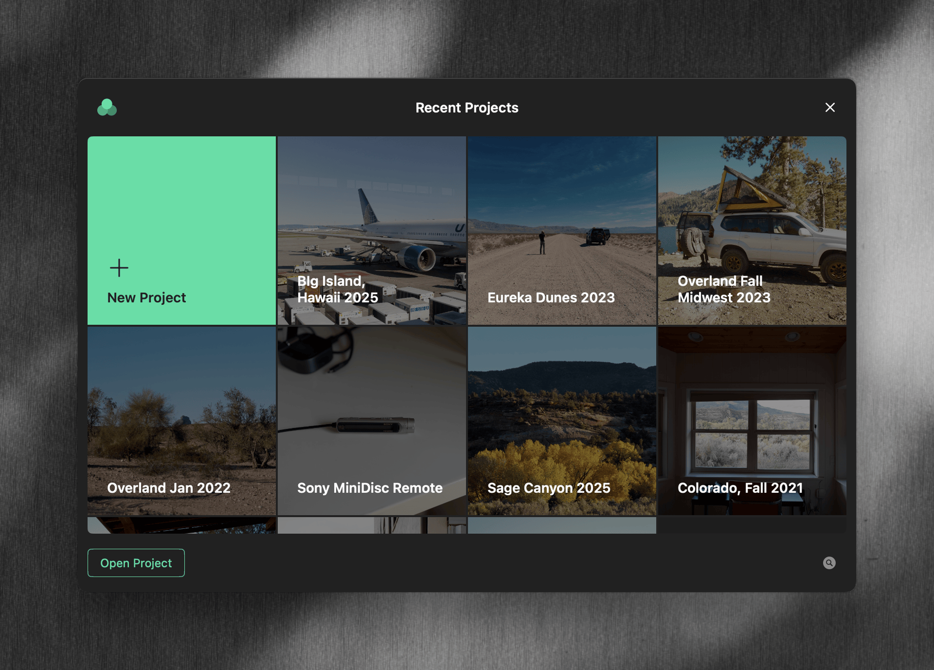 Project Launcher window displaying a list of recent projects with thumbnails