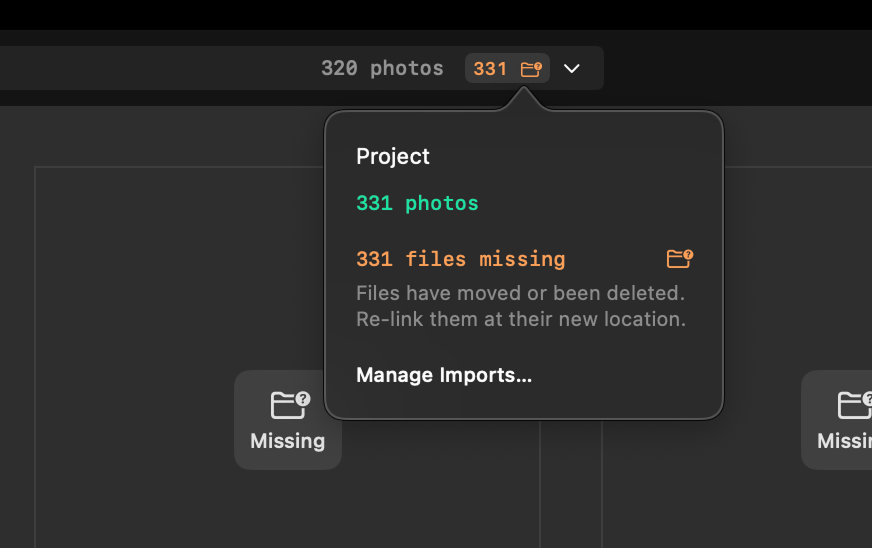 Project status indicator showing Missing state for files that can't be found