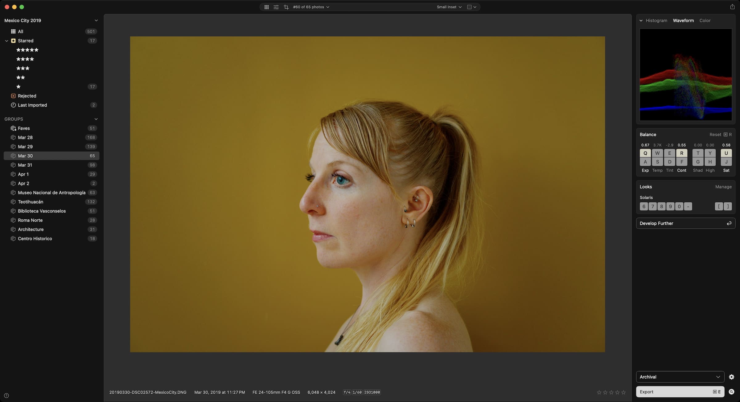 Aphera's Balance panel, adjusting exposure and color on a photo