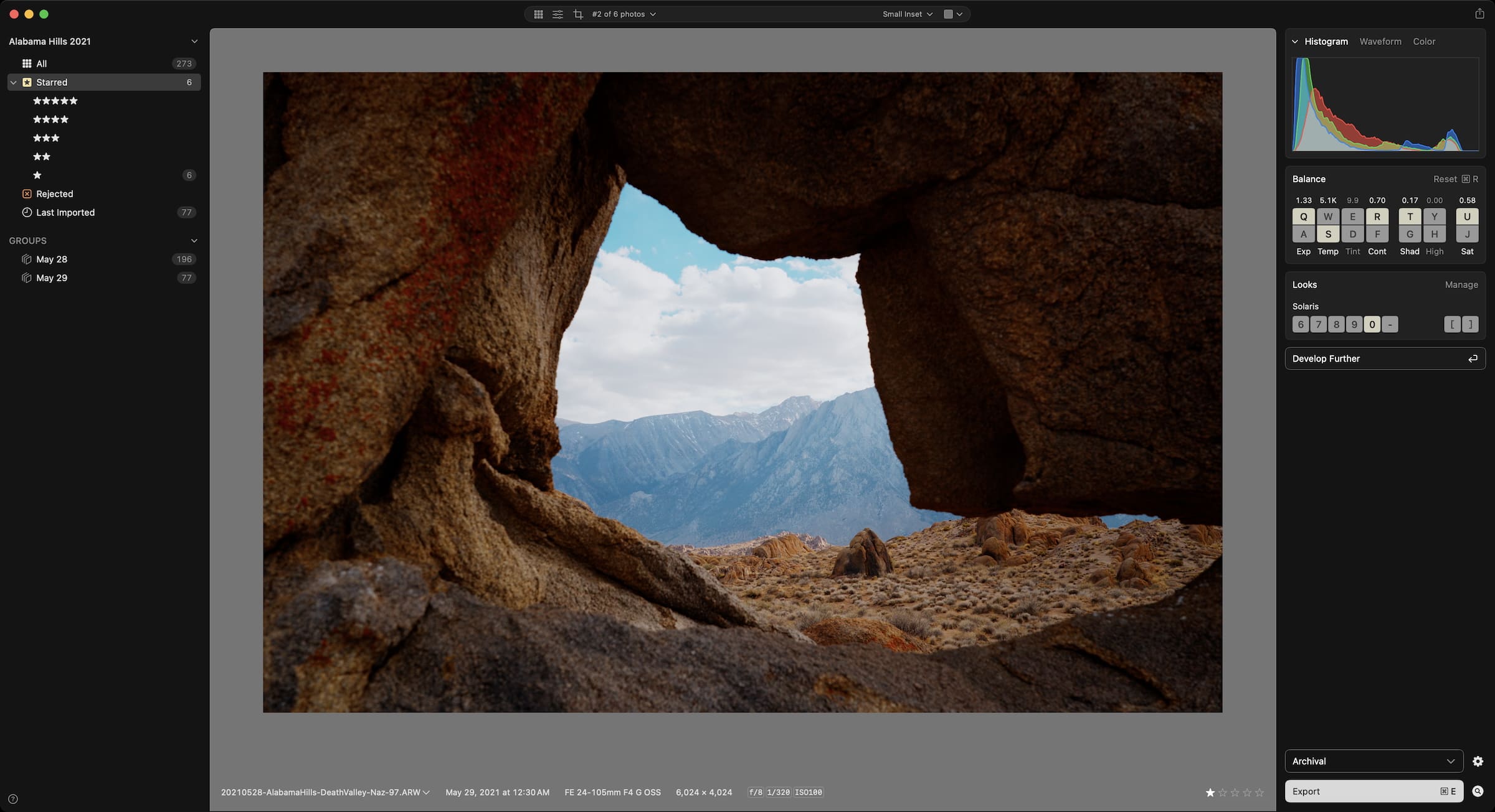 Editing a waterfall photo in Aphera, balancing exposure and tone