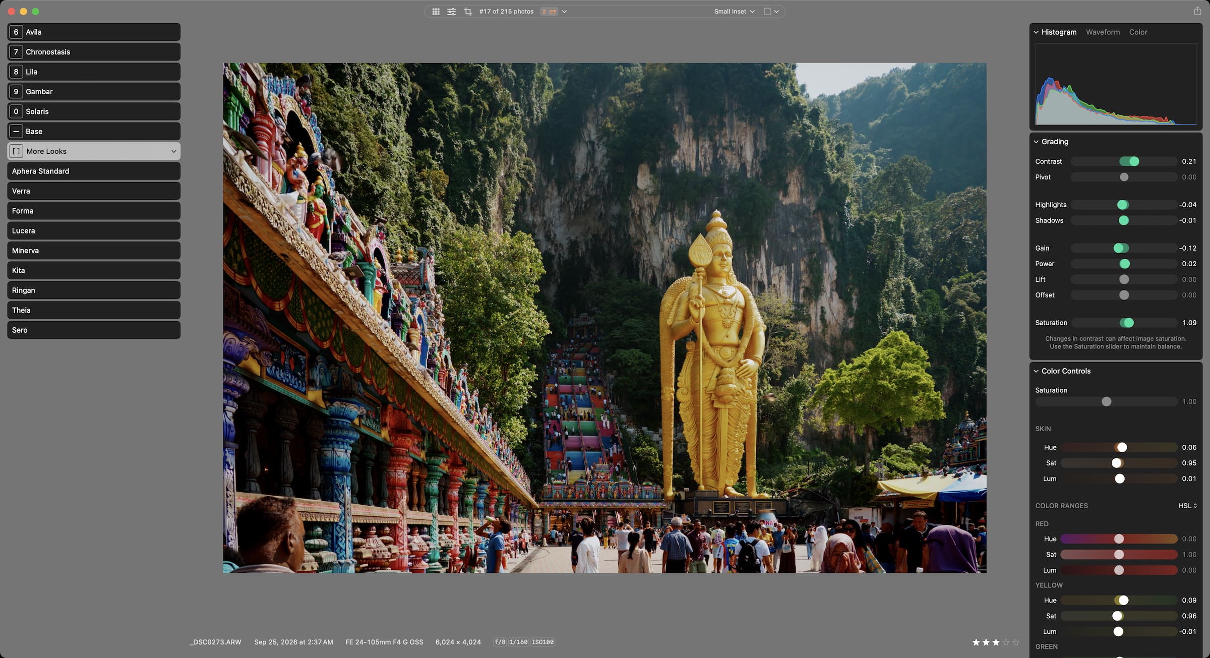 Editing a temple statue photo in Aphera, fine-tuning color and grading
