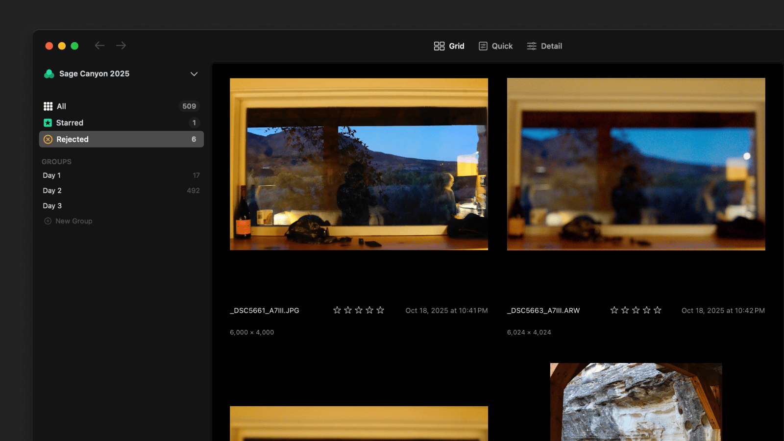 The app showing our Rejected sidebar and some less than ideal images.