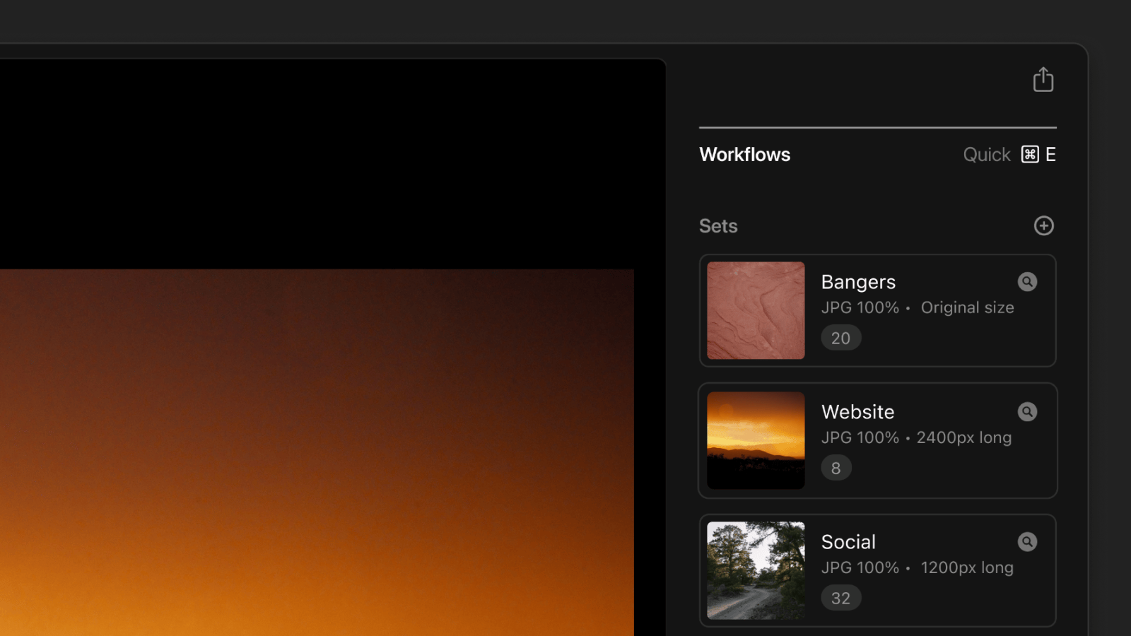 The inspector side of Aphera, where Workflows lives — showing workflow sets, like Bangers, Web, and Social.