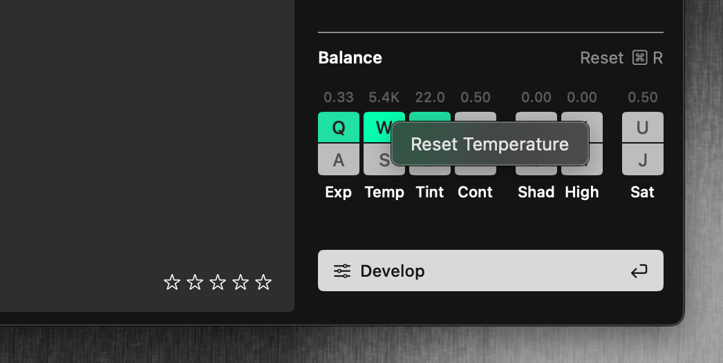 Context menu showing the Reset option for Balance controls