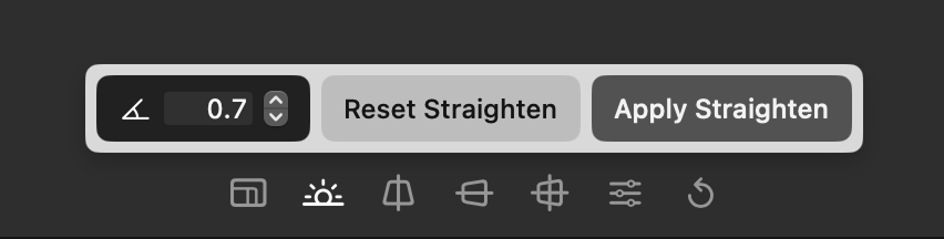 Crop mode toolbar showing aspect ratio, straighten, and perspective correction tools
