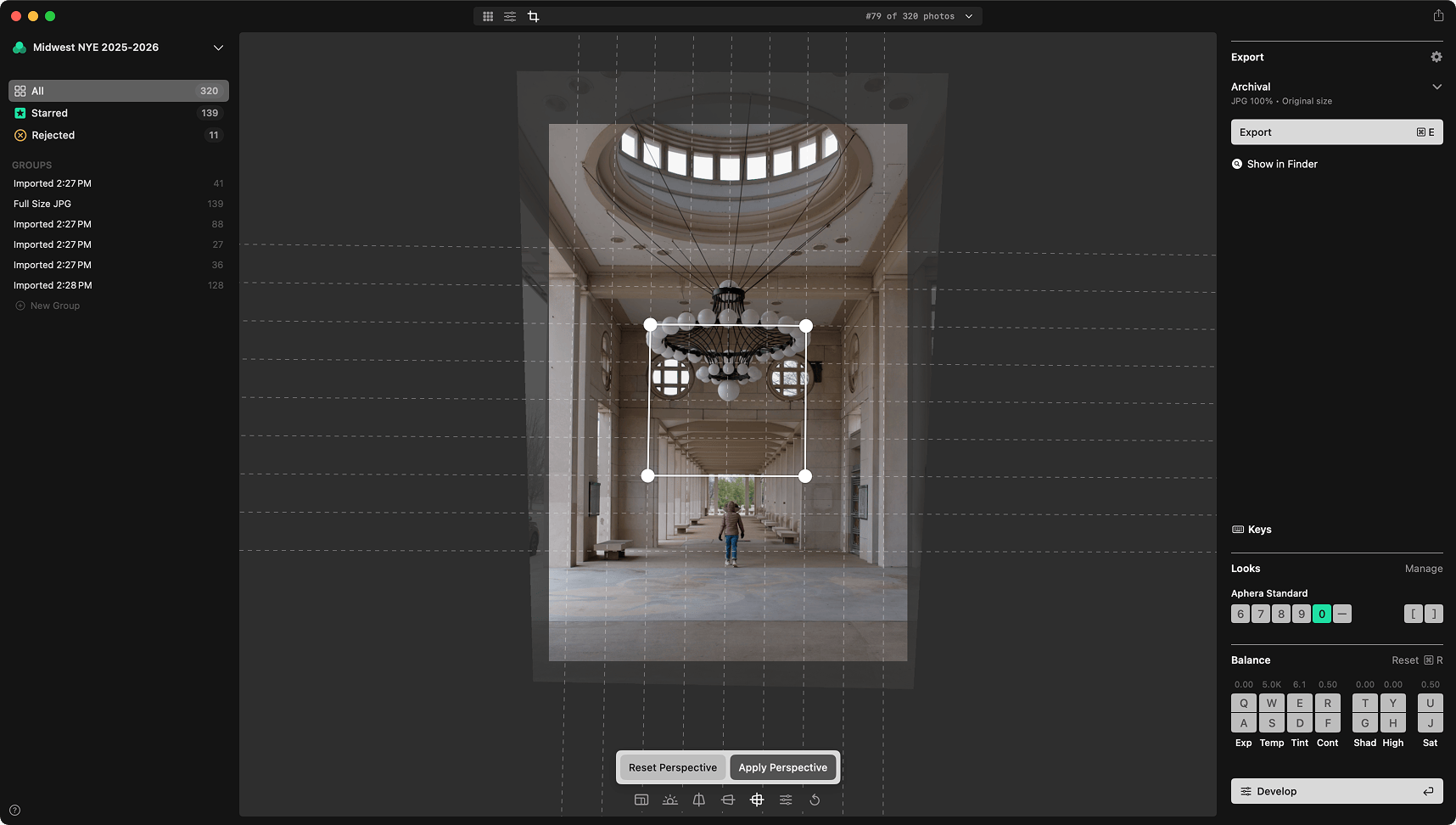 Perspective correction in action with guide lines overlaid on an architectural photo