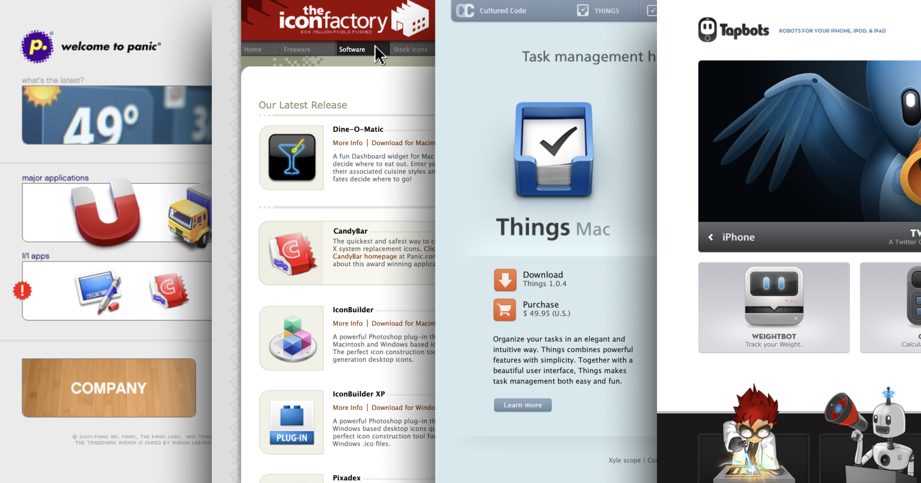 An overlapping set of screenshots of panic.com, iconfactory.com, culturedcode.com, and tapbots.com from the 2000s