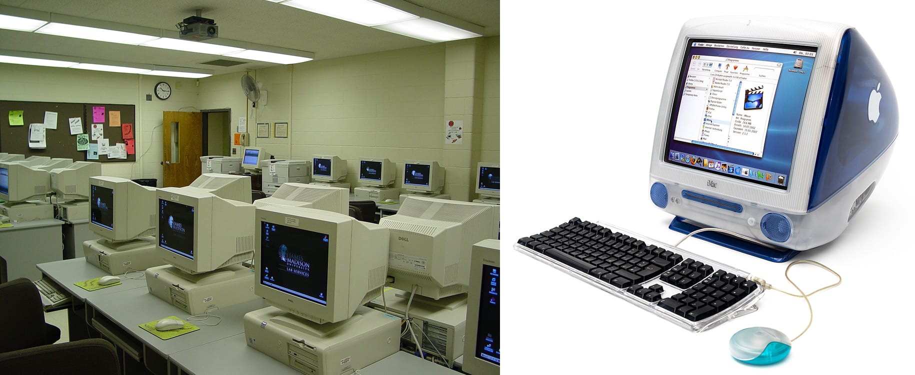 A diptych of a beige computer lab on the left, and Apple’s iMac G3 in Bondi Blue on the right.