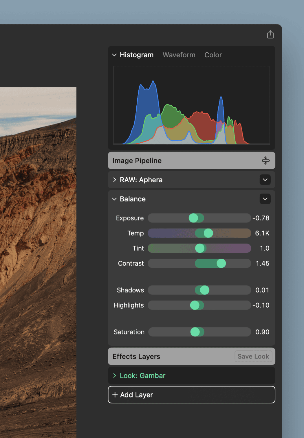 The Develop panel showing the renamed Image Pipeline header and Effects Layers stack.