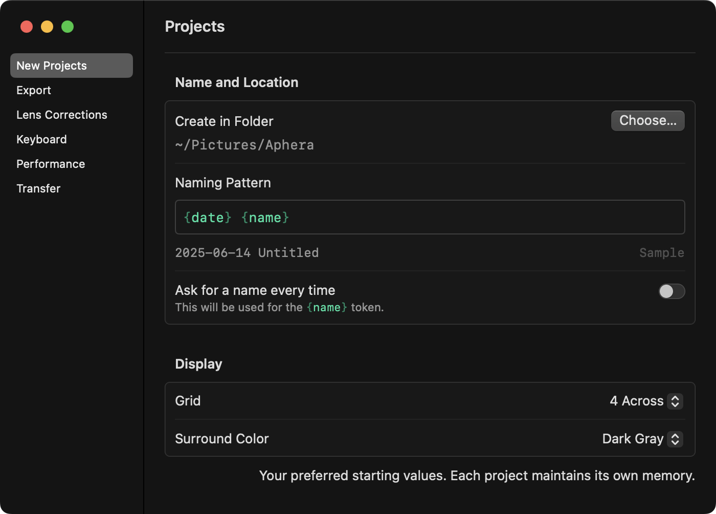 Settings > New Projects showing Display options for Grid columns and Surround Color
