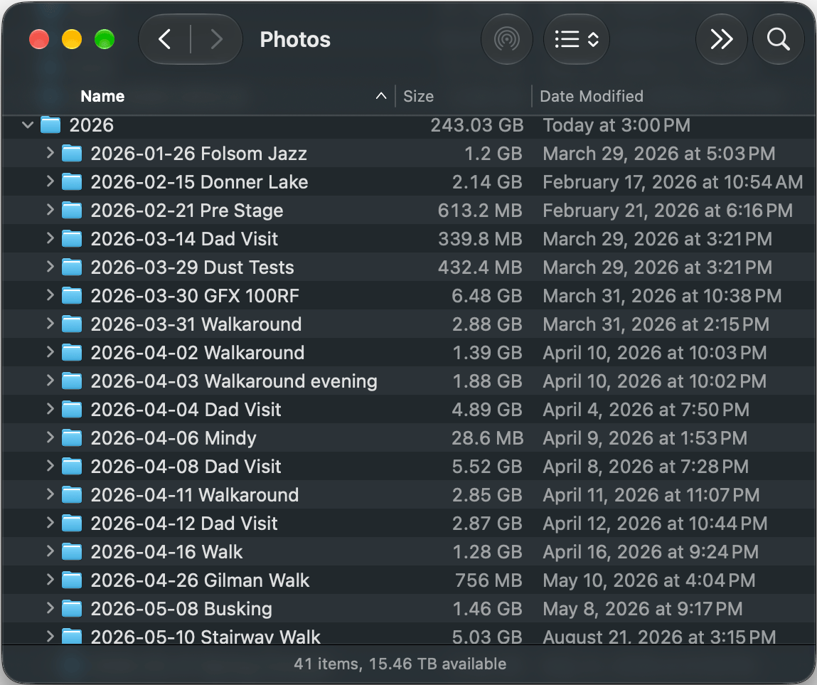 Ryan's Photos folder after setting up Transfer: dated, named folders like 2026-01-26 Folsom Jazz and 2026-02-15 Donner Lake